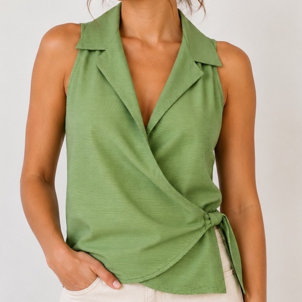 Ann Taylor Women Green Striped Wrap Top Medium Sleeveless Collared Cotton Blouse